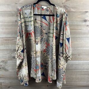 Umgee Womens Kimono Open Front Pom Pom Fringe Feather Southwestern Medium Large